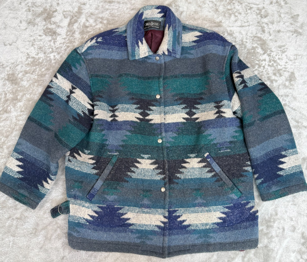 Braetan Vintage Blue Wool Blend Blanket Coat Jacket Womens L Southwestern